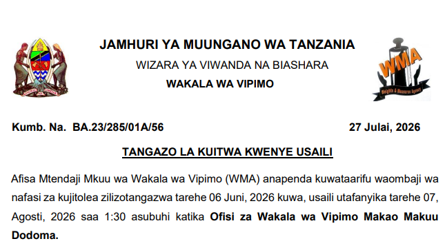 MAJINA ya Walioitwa Kwenye Usaili Wakala wa Vipimo 27/07/2026