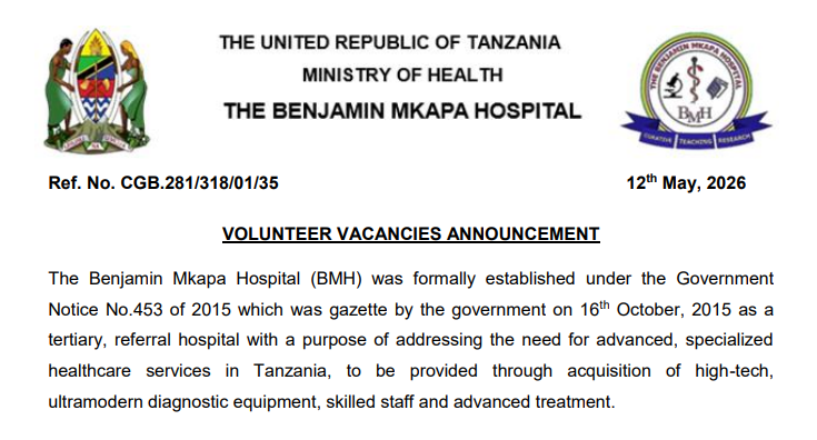 Nafasi za Kujitolea Hospitali ya Benjamin Mkapa 2026