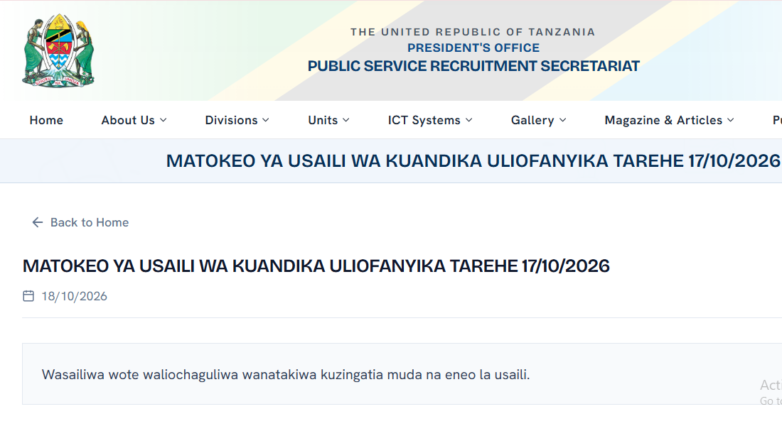 Matokeo ya Usaili wa Kuandika Uliofanyika 17/10/2026