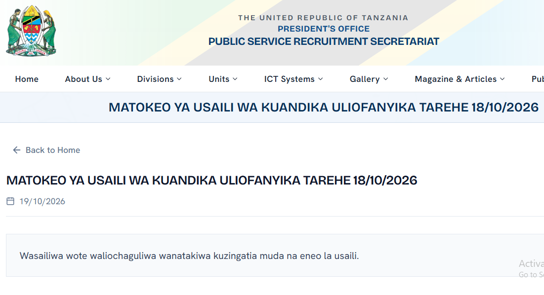 Matokeo ya Usaili wa Kuandika Uliofanyika 18/10/2026