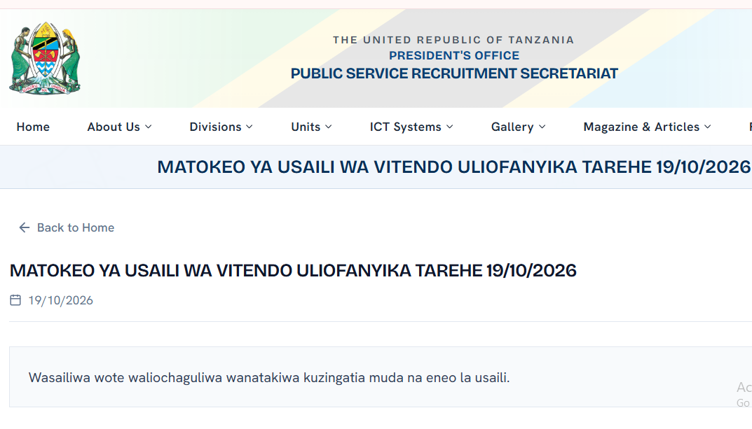 Matokeo ya Usaili wa Vitendo Uliofanyika 19/10/2026
